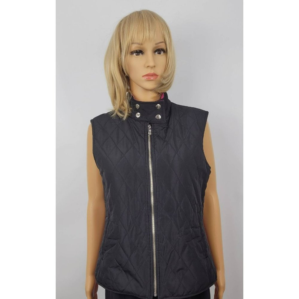 Eivissa Womens Quilted Vest Black Waist Length Full Zip Pockets Snap Mock Neck L